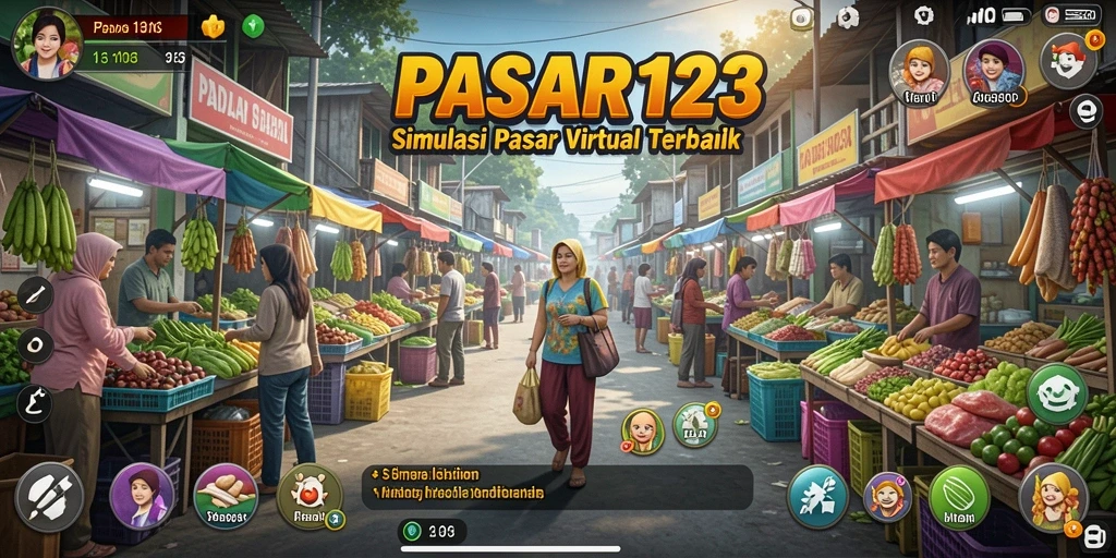 Screenshot menampilkan momen gameplay PASAR123 dengan berbagai aktivitas pasar.
