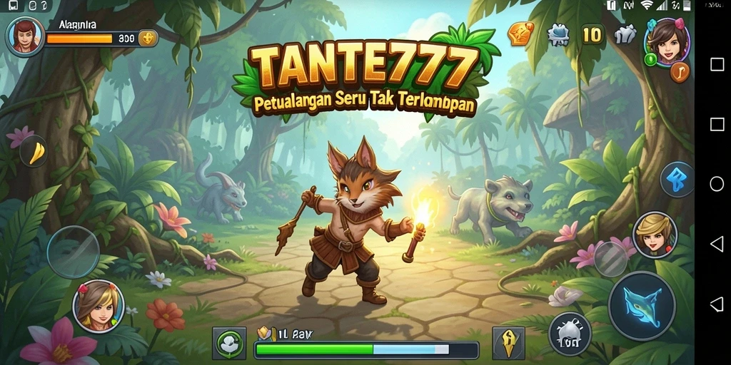 Screenshot TANTE777 menampilkan aksi petualangan di tengah hutan yang rimbun.