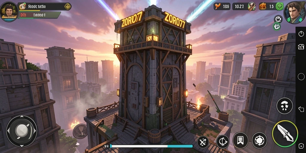 Screenshot ZORO77 menampilkan aksi pertahanan menara yang intens.